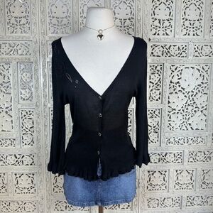 Black Coquette Floral Sheer Whimsygoth Retro 3/4 Sleeve Button Up Cardigan Sz XS